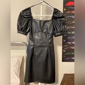 H&M Black Faux Leather Puff Sleeve Mini Dress